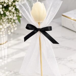 scented candle tulip with black ribbon label